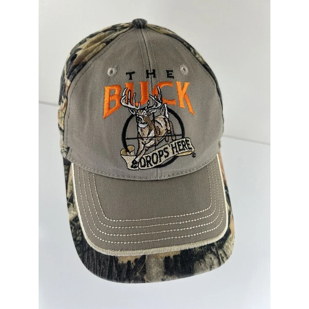 The Buck Drops Here Hunters Baseball Hat Ball Cap Camo Outdoors Man Embroidered